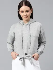 Campus Sutra Women Grey Cotton Hooded Sweatshirt