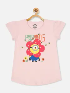 Kids Ville Girls Pink Minions Printed Extended Sleeves Applique T-shirt