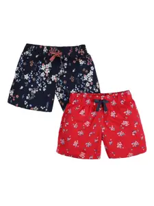 PLUM TREE Girls Red & Navy Blue Pack of 2 Floral Printed Regular Shorts