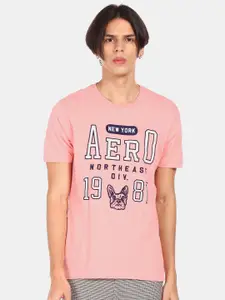 Aeropostale Men Pink Typography Printed V-Neck Drop-Shoulder Sleeves Raw Edge T-shirt