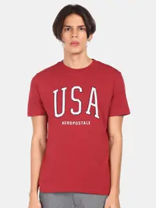Aeropostale Men Red Typography Printed Applique T-shirt