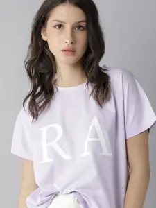 RAREISM Women Lavender Typography Printed Slim Fit T-shirt