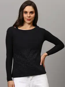 Campus Sutra Women Black Printed Cotton Sweatshirt