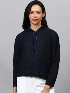 Campus Sutra Women Blue Solid Hooded Sweatshirt