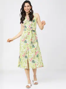 Tokyo Talkies Green Floral A-Line Midi Dress