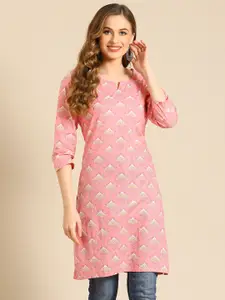 Prakrti Pink Printed Flared Sleeves Pure Cotton Kurti