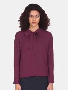 Flying Machine Purple Tie-Up Neck Shirt Style Top