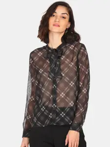 Flying Machine Black Checked Tie-Up Neck Sheer Shirt Style Top