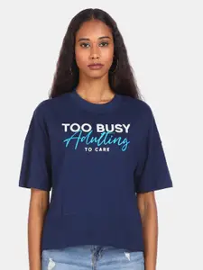 Flying Machine Women Blue Typography Printed Raw Edge T-shirt