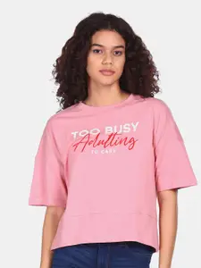 Flying Machine Women Pink Typography Printed Drop-Shoulder Sleeves Pure Cotton T-shirt