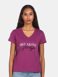 Flying Machine Women Purple Typography Printed V-Neck T-shirt
