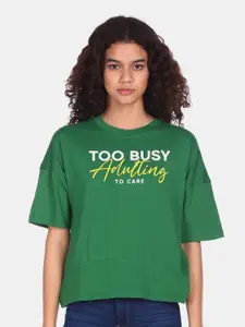 Flying Machine Women Green Printed Pure Cotton T-shirt