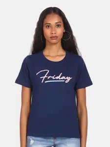 Flying Machine Women Navy Blue Typography Printed T-shirt