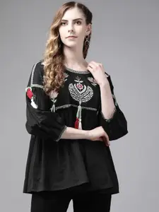 Ishin Black Floral Embroidered Empire Top