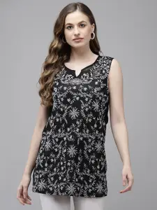 Ishin Black & White Floral Embroidered Sweetheart Neck Tank Top