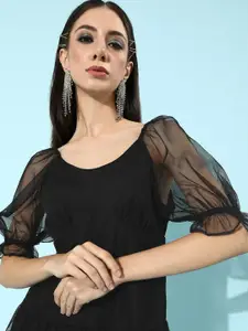 ANI Women Black Semi Sheer Fit & Flare Mini Dress
