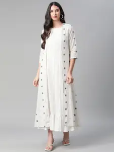 Rangriti Off White Layered Ethnic Style Cotton A-Line Maxi Dress