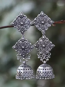 FIROZA Oxidised Silver-Toned Textured Jhumka Earrings