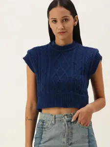 STREET 9 Women Navy Blue Acrylic Cable Knit Crop Sweater Vest