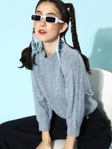 STREET 9 Women Blue Cable Knit Acrylic Pullover