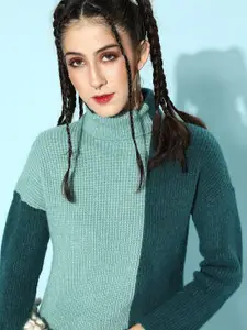 STREET 9 Women Green Colourblocked Pure Acrylic Pullover