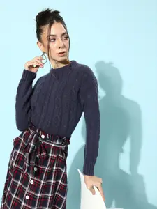 STREET 9 Women Navy Blue Cable Knit Acrylic Pullover