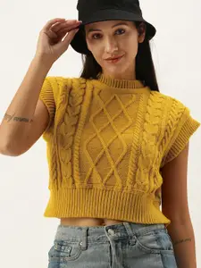 STREET 9 Women Mustard Yellow Cable Knit Crop Pullover