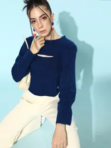 STREET 9 Women Navy Blue Pure Acrylic Crop Pullover