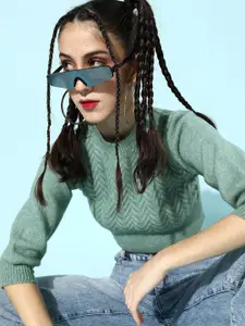 STREET 9 Women Mint Green Ribbed Acrylic Crop Pullover