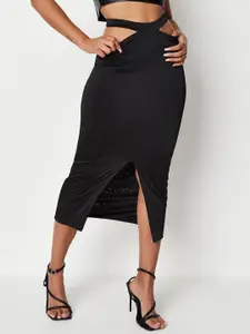 Missguided Women Black Solid Waist Cut-Out Midi Pencil Skirt