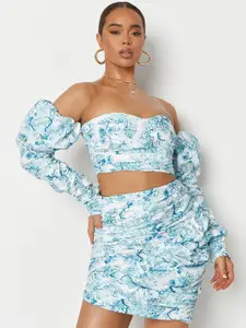 Missguided Women White & Blue Floral Printed Mini Straight Skirt