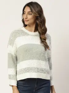 Madame Women Grey & White Colourblocked Pullover Sweater with Fuzzy Detail