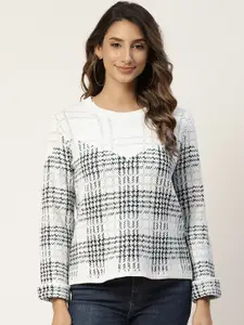 Madame Women White & Black Checked Woven Design Pullover Sweater