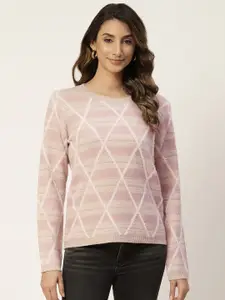 Madame Women Beige & Pink Striped Woven Design Pullover Sweater