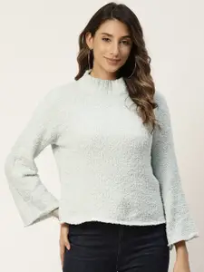 Madame Women Mint Green Solid Fuzzy Pullover Sweater