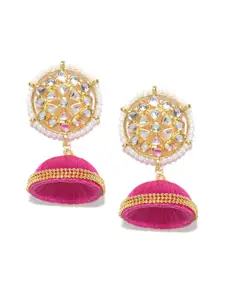 Firoza Gold-Toned & Pink Stone-Studded Handcrafted Jhumka Earrings