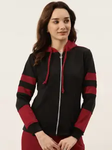 BRINNS Women Black & Maroon Striped Fleece Hooded Sweatshirt