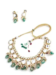 ODETTE Gold Tone Kundan-Pearls Green Onyx Necklace Set