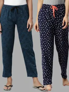 Kryptic Women Pack Of 2 Teal & Navy Blue Printed Lounge Pants