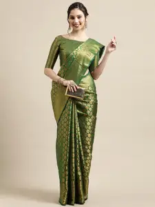Saree mall Green & Gold-Toned Woven Design Zari Silk Blend Banarasi Sarees