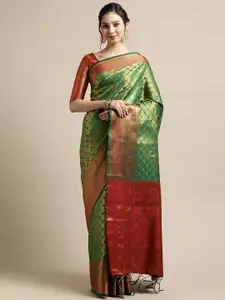 Saree mall Green & Red Ethnic Motifs Zari Silk Blend Banarasi Sarees