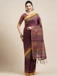 Saree mall Magenta & White Bandhani Zari Linen Blend Bandhani Sarees