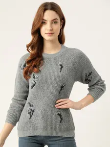 BROOWL Women Grey & Black Floral Embroidered Pullover