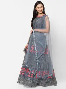 RedRound Grey & Red Embroidered Thread Work Semi-Stitched Lehenga & Unstitched Blouse With Dupatta