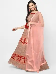 RedRound Pink & Red Embroidered Thread Work Semi-Stitched Lehenga & Unstitched Blouse With Dupatta