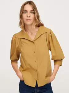 MANGO Women Mustard Yellow Solid Pure Cotton Casual Shirt