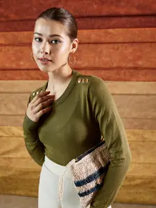 MANGO Women Olive Green Solid Sweater