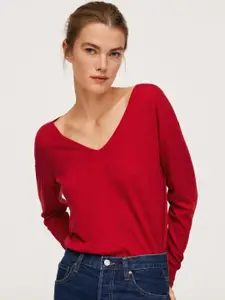 MANGO Women Cherry Red Solid V-Neck Pullover