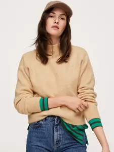 MANGO Women Beige Solid High-Neck Pullover