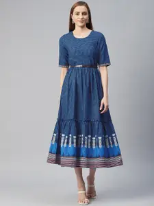 Rangriti Navy Blue Floral Cotton Ethnic A-Line Midi Dress